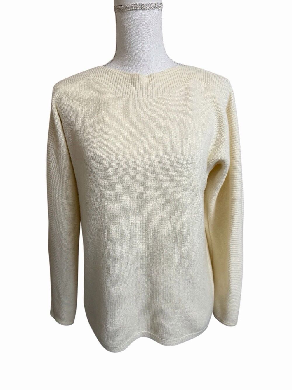 Talbots Petite Women's Large LP Ivory Boatneck Hip Length Sweater Lambs Wool